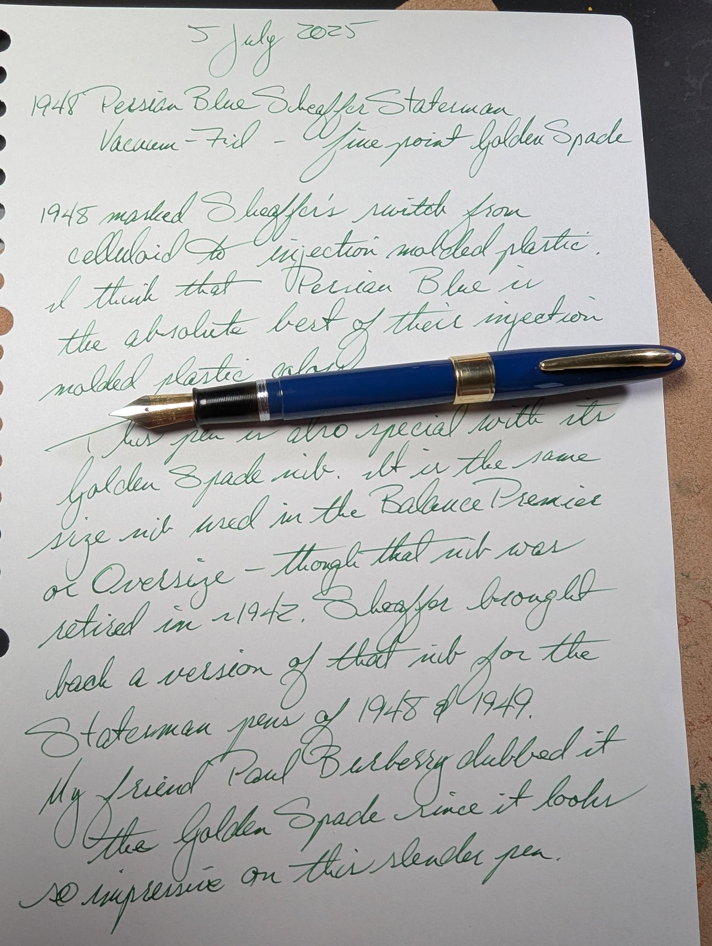 1948 Persian Blue Sheaffer Statesman - Vacuum-Fil - Fine Golden Spade nib