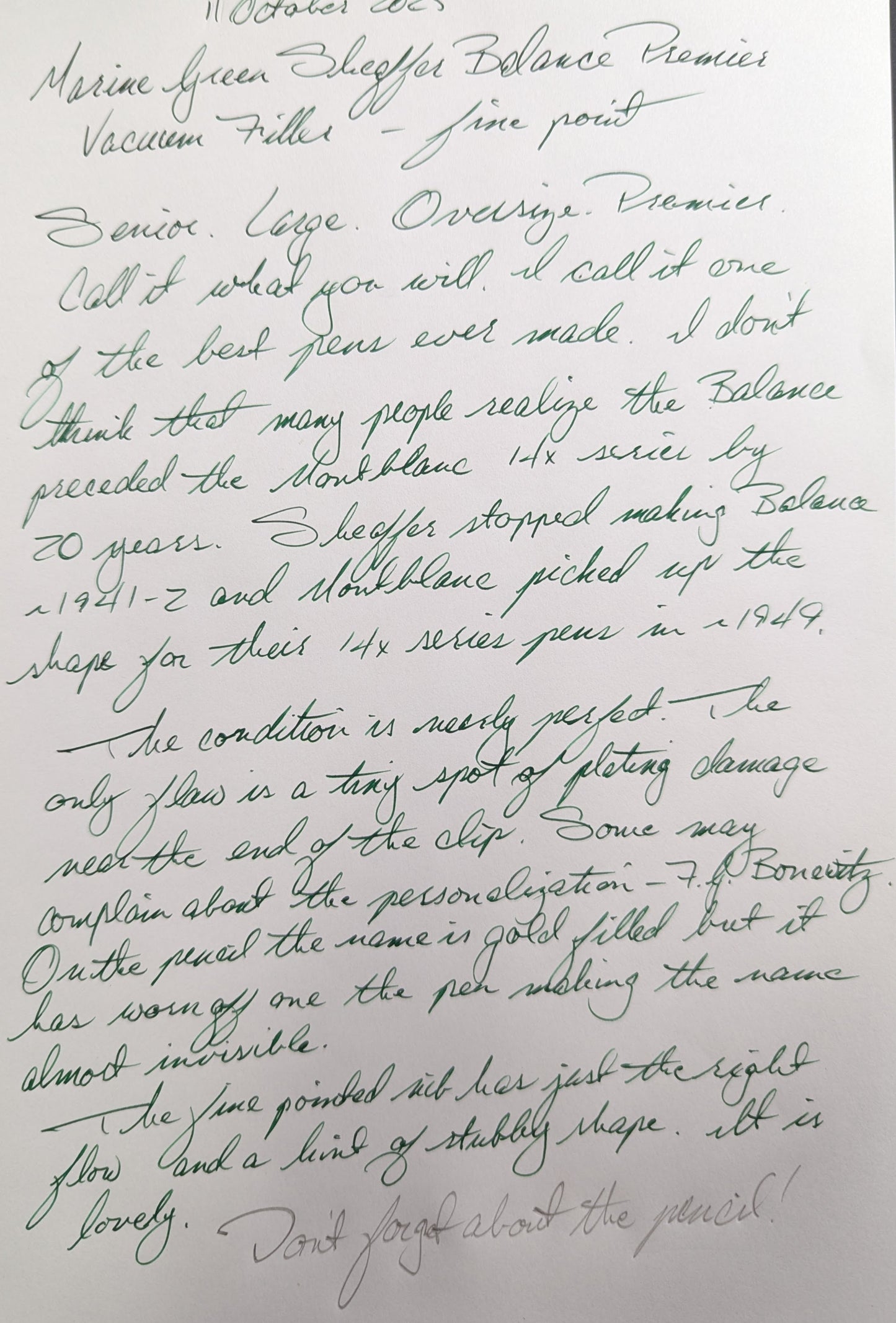 Marine Green Sheaffer Balance Premier (OS) pen & pencil - Vacuum-fil - fine point