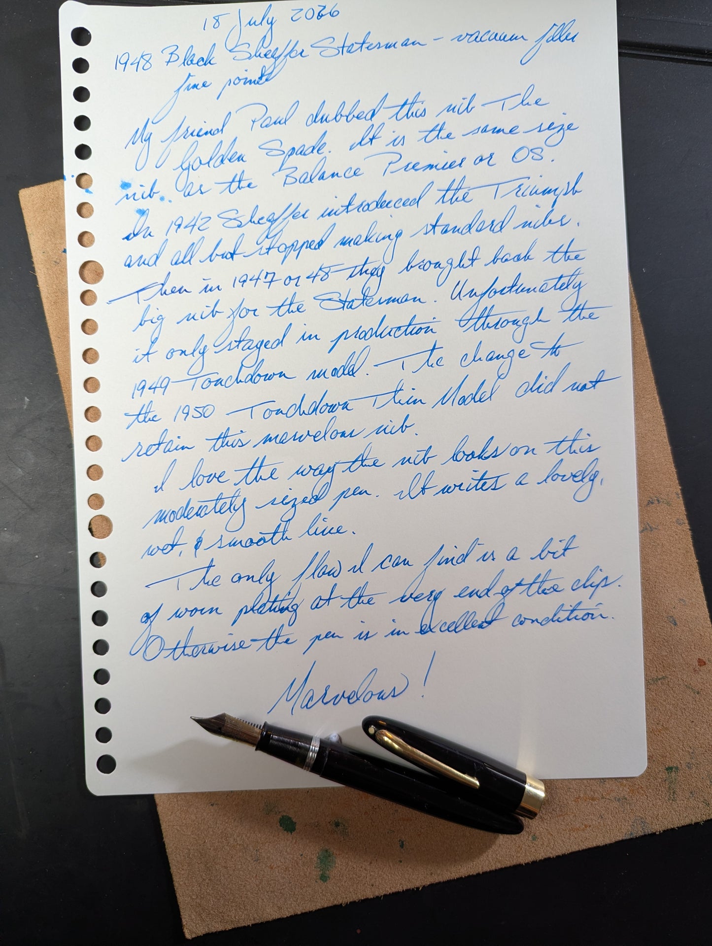 1948 Black Sheaffer Statesman - Vacuum-Fil - Fine+ Golden Spade nib