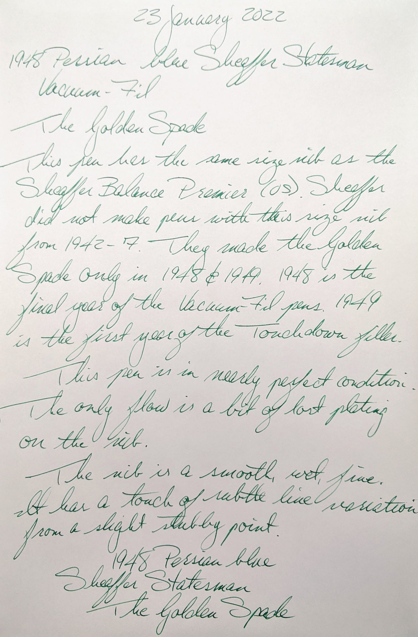 Persian Blue 1948 Sheaffer Statesman - Vacuum-Fil - stubby Fine Golden Spade