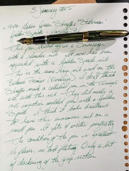 1947 Marine Green Sheaffer Sovereign Statesman fountain pen - Vacuum-Fil - Fine Golden Spade nib