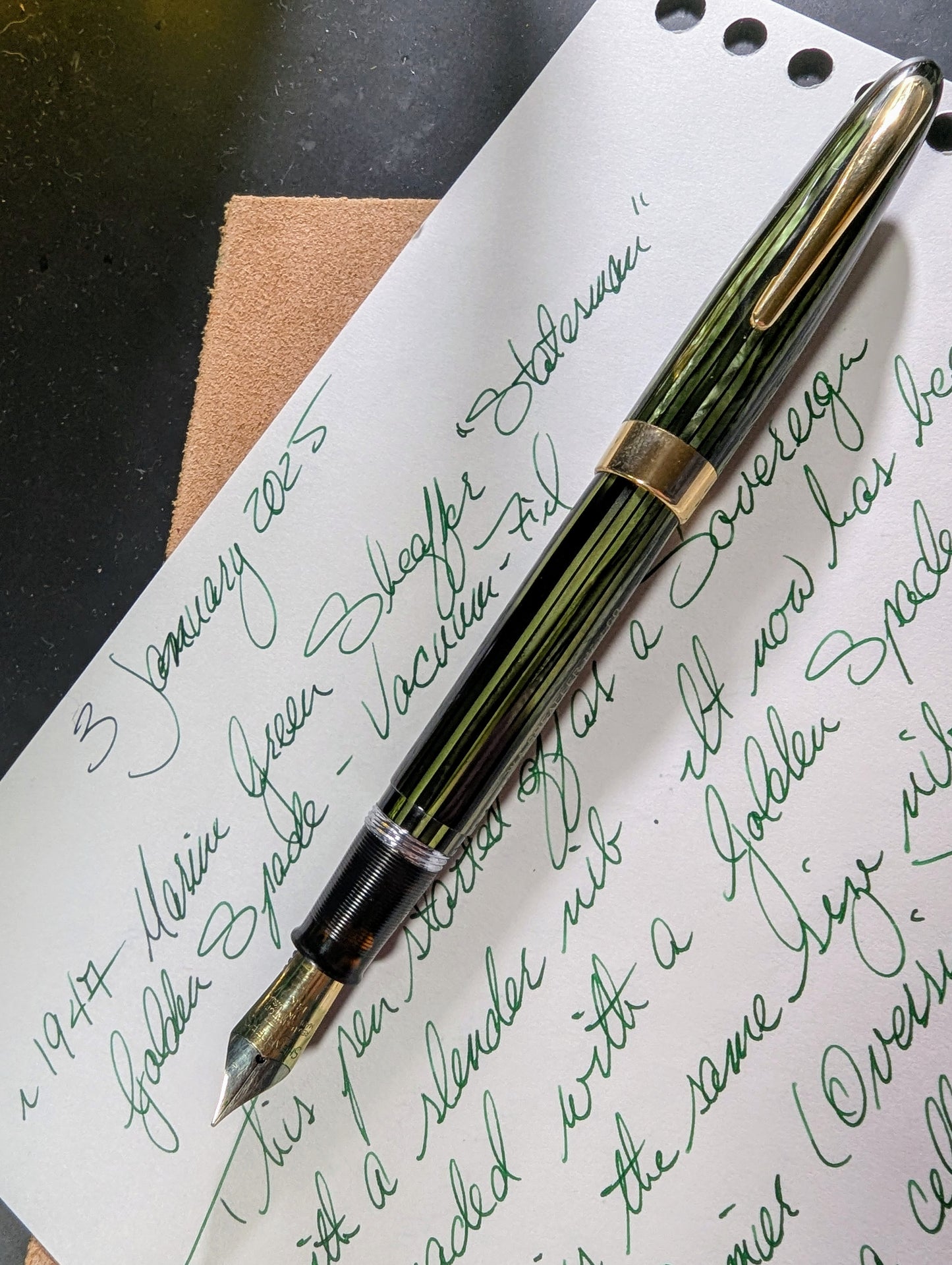 1947 Marine Green Sheaffer Sovereign Statesman fountain pen - Vacuum-Fil - Fine Golden Spade nib