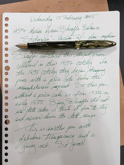 1937 Marine Green Sheaffer Balance Statesman - Fine-Medium point