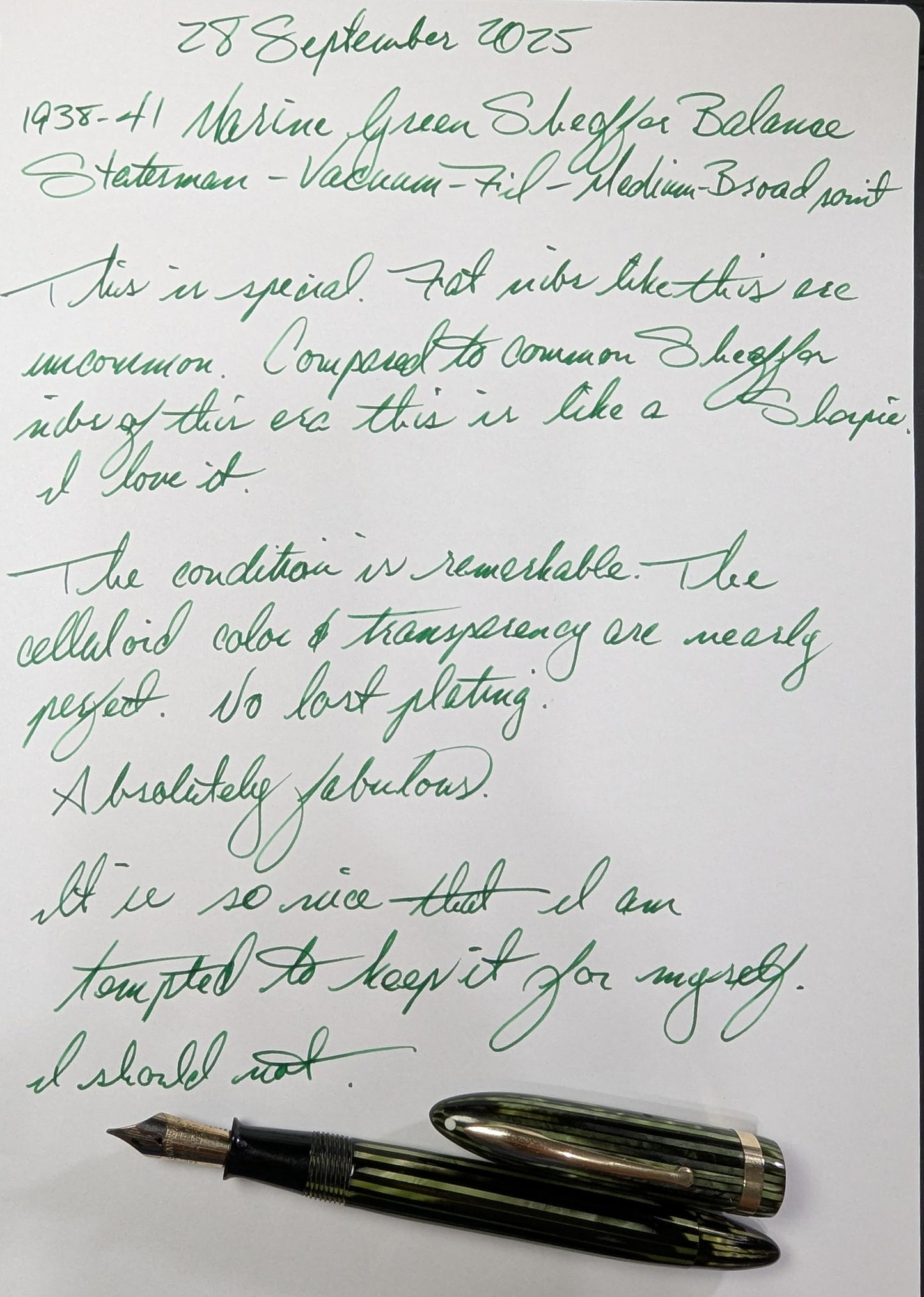 1938-41 Marine Green Sheaffer Balance Statesman - Vacuum-Fil - medium-broad point