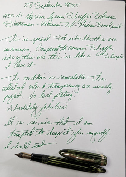 1938-41 Marine Green Sheaffer Balance Statesman - Vacuum-Fil - medium-broad point