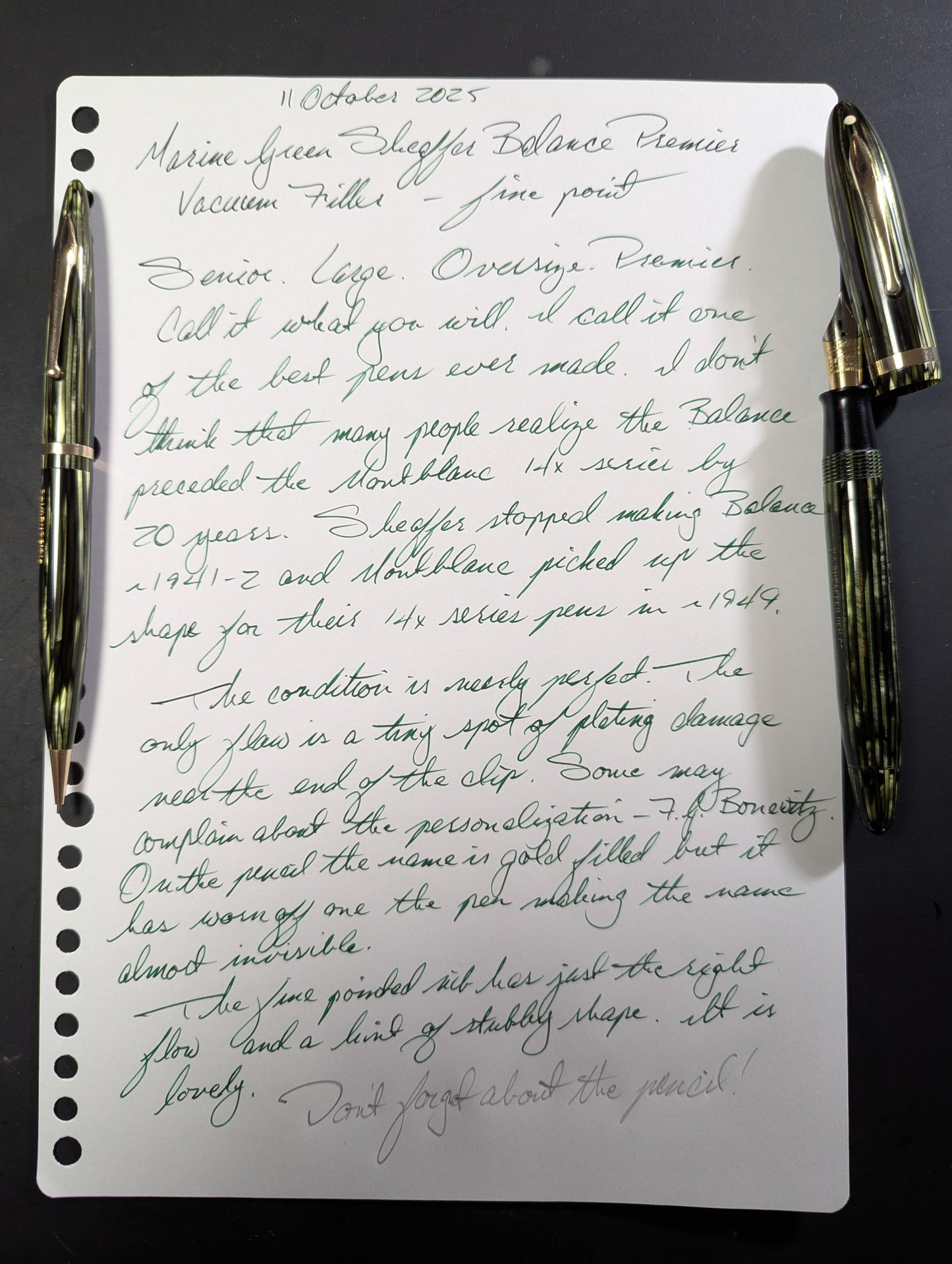 Marine Green Sheaffer Balance Premier (OS) pen & pencil - Vacuum-fil - fine point