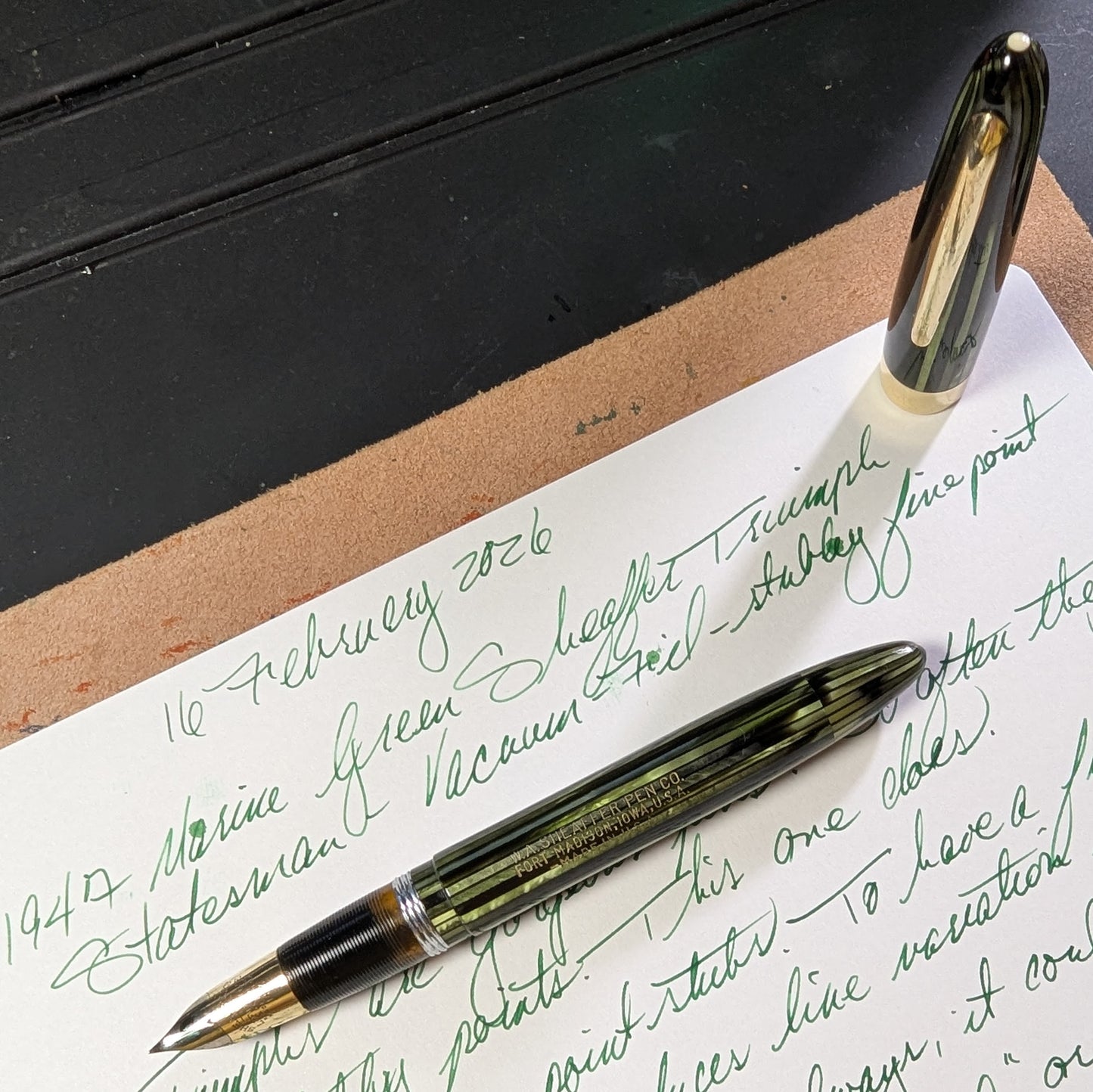 ~1947 Marine Green Sheaffer Triumph Statesman - stubby fine point
