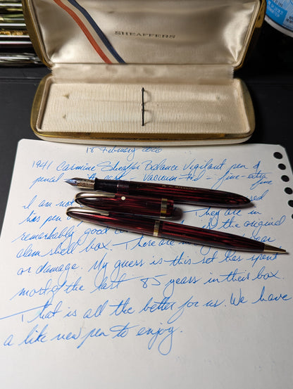 1941 Carmine Sheaffer Balance Vigilant Fountain Pen & Pencil in case - fine-extra-fine point