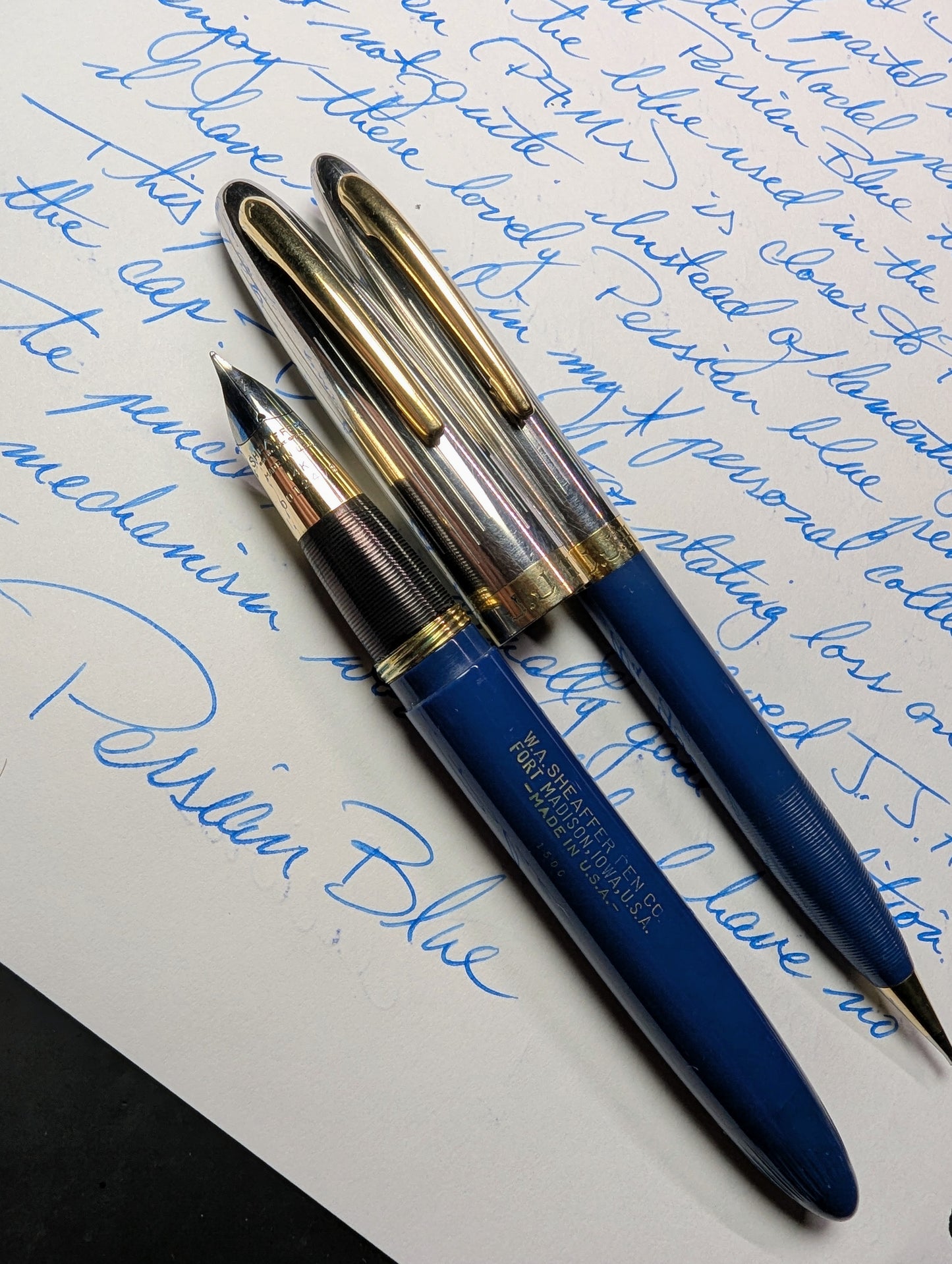 1948 Persian Blue Sheaffer Triumph Sentinel Deluxe fountain pen & pencil - fine point