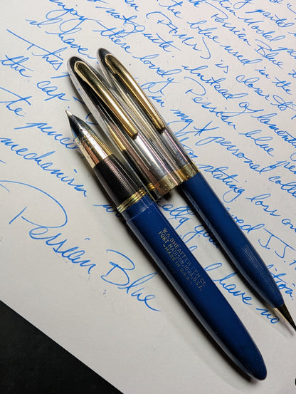 1948 Persian Blue Sheaffer Triumph Sentinel Deluxe fountain pen & pencil - fine point