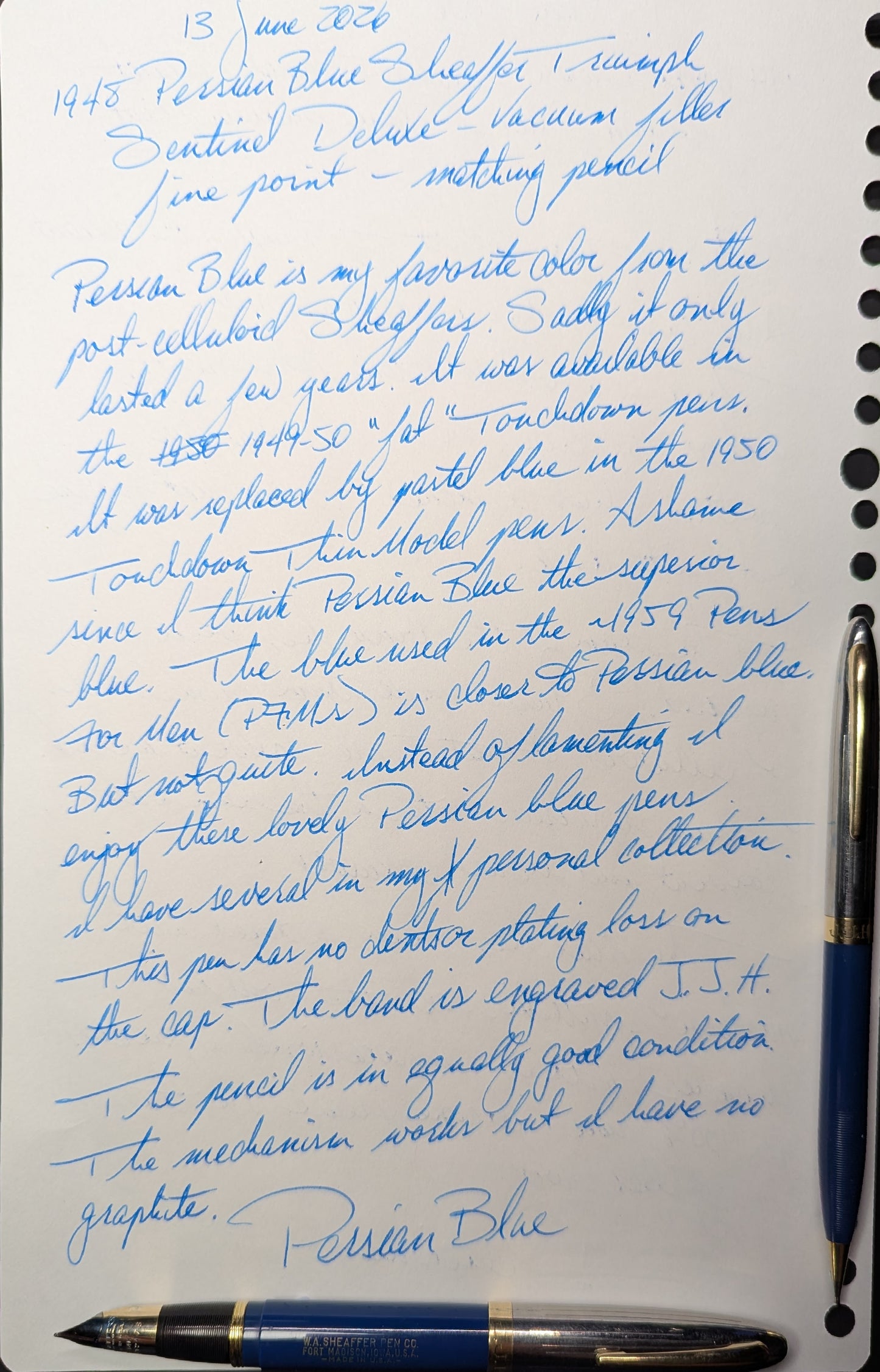 1948 Persian Blue Sheaffer Triumph Sentinel Deluxe fountain pen & pencil - fine point