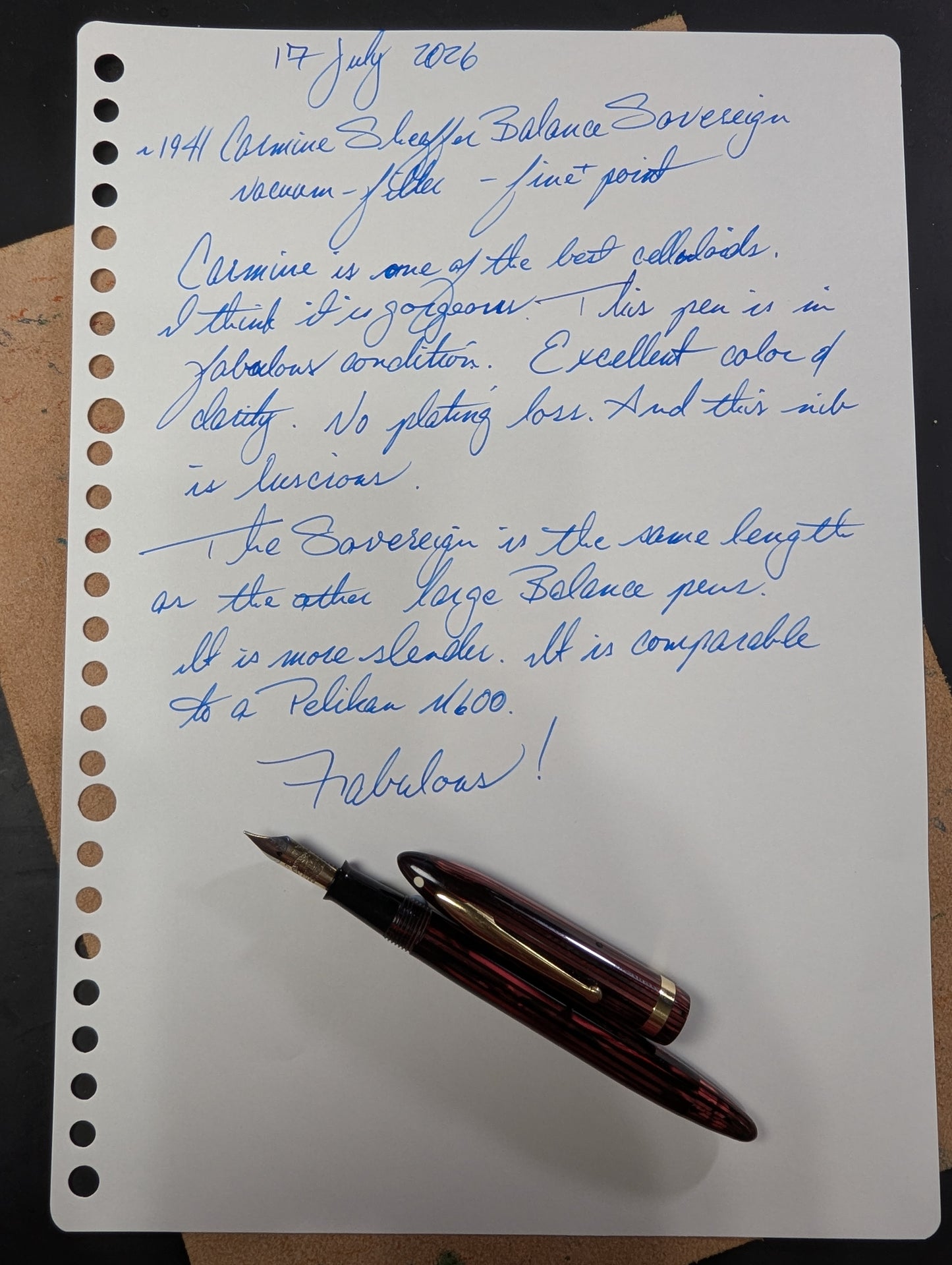 ~1941 Carmine Sheaffer Balance Sovereign Fountain Pen - fine-medium point