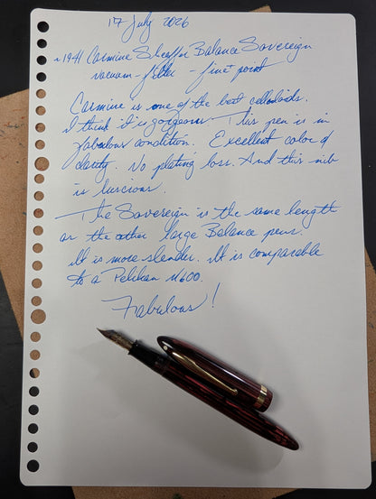 ~1941 Carmine Sheaffer Balance Sovereign Fountain Pen - fine-medium point