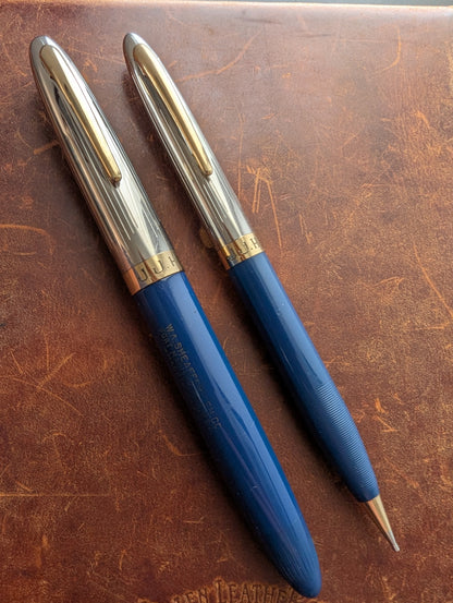 1948 Persian Blue Sheaffer Triumph Sentinel Deluxe fountain pen & pencil - fine point