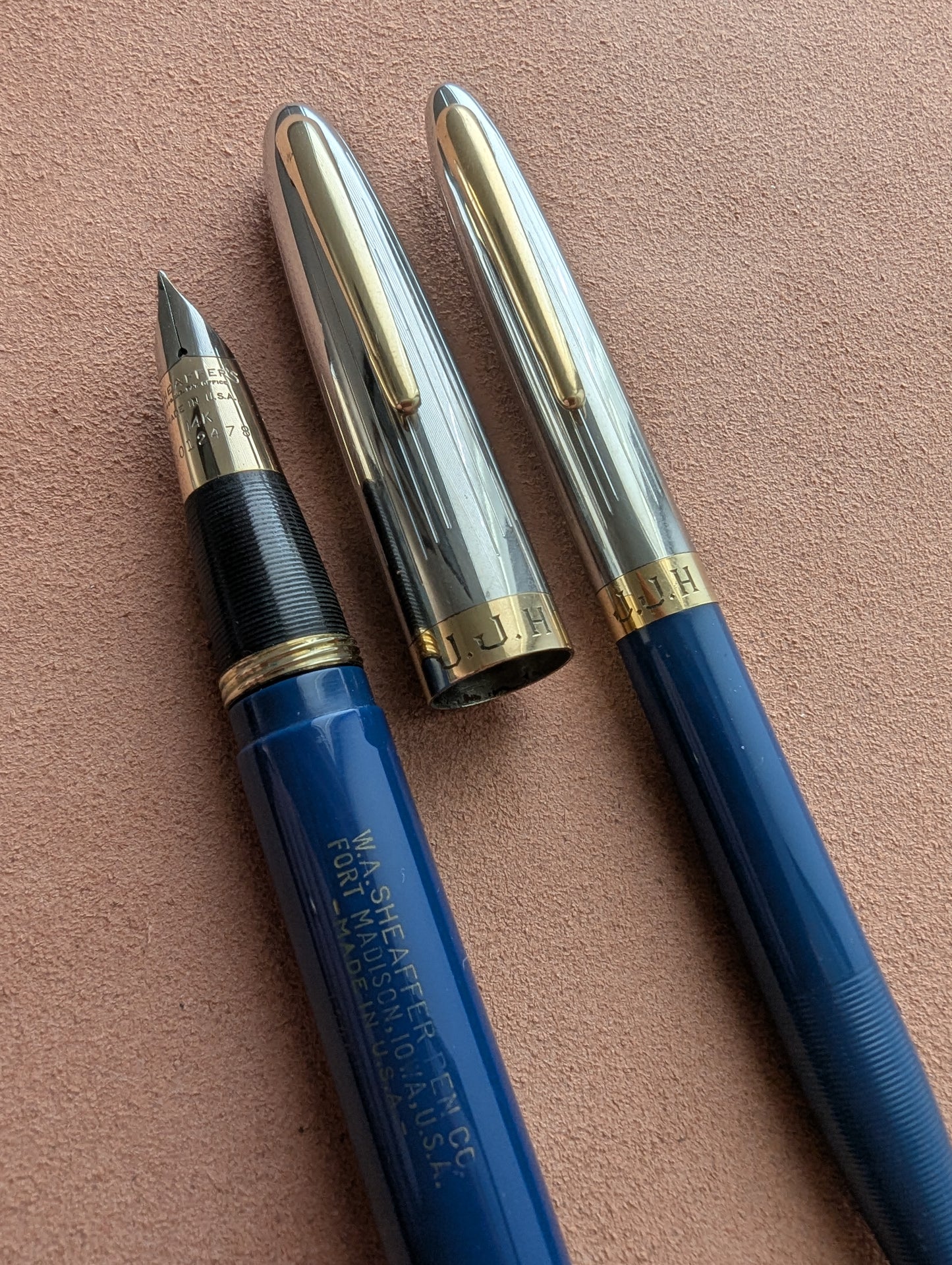 1948 Persian Blue Sheaffer Triumph Sentinel Deluxe fountain pen & pencil - fine point