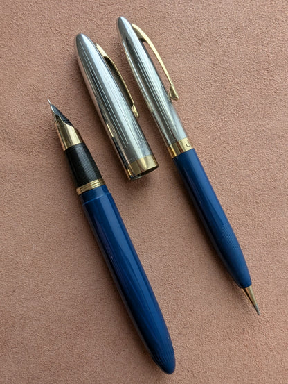 1948 Persian Blue Sheaffer Triumph Sentinel Deluxe fountain pen & pencil - fine point