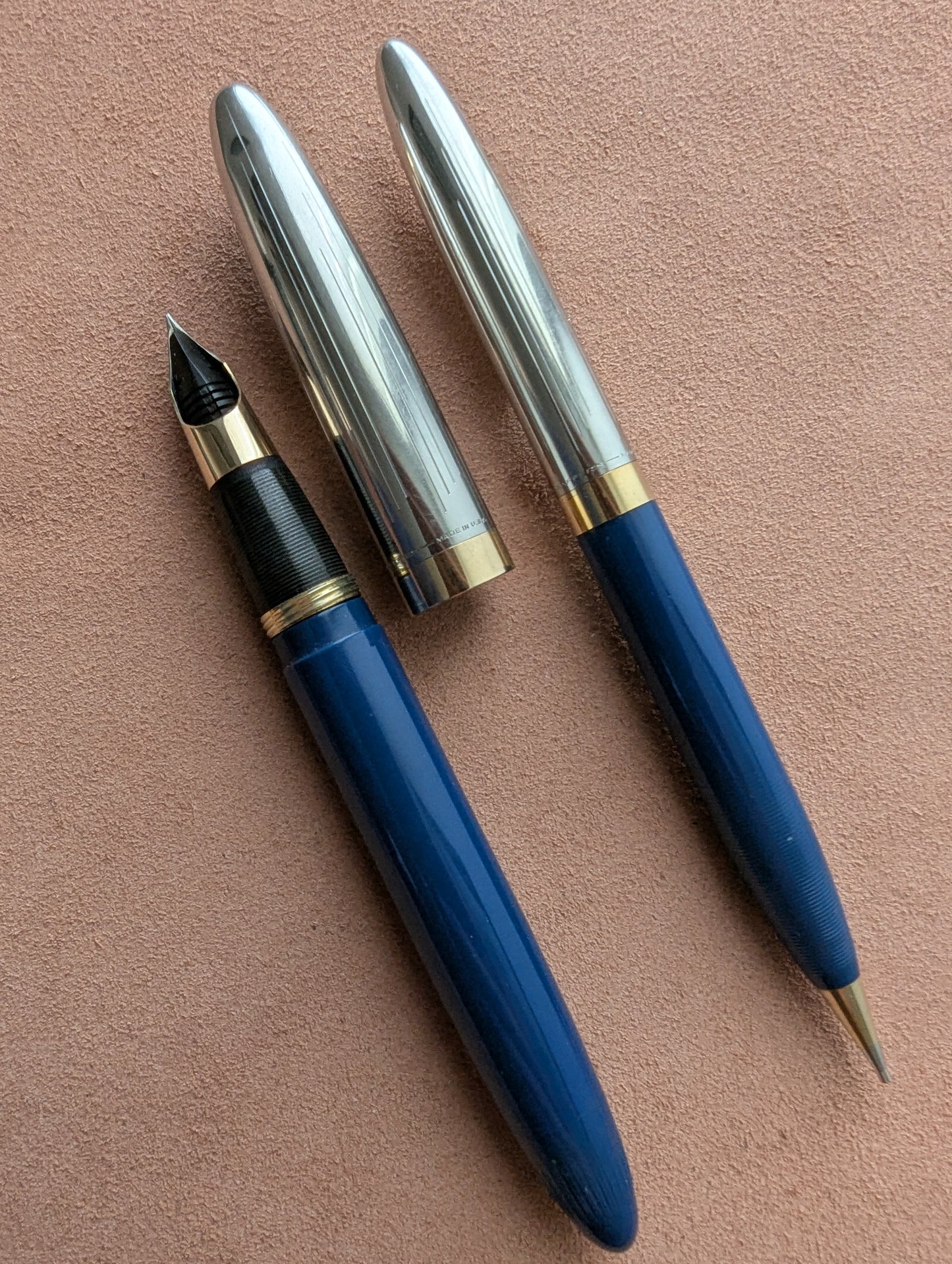 1948 Persian Blue Sheaffer Triumph Sentinel Deluxe fountain pen & pencil - fine point