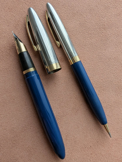 1948 Persian Blue Sheaffer Triumph Sentinel Deluxe fountain pen & pencil - fine point