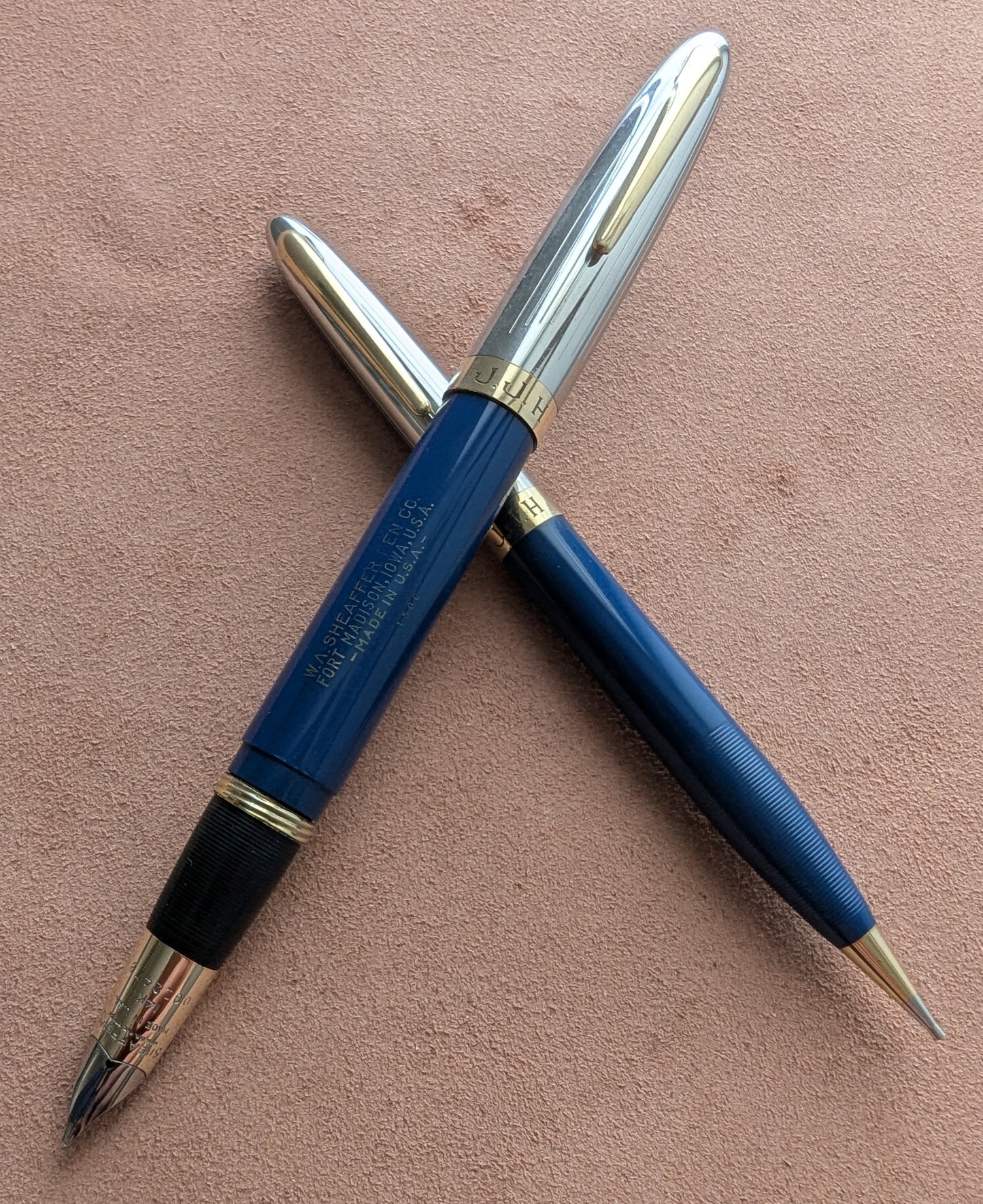 1948 Persian Blue Sheaffer Triumph Sentinel Deluxe fountain pen & pencil - fine point