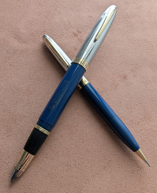 1948 Persian Blue Sheaffer Triumph Sentinel Deluxe fountain pen & pencil - fine point