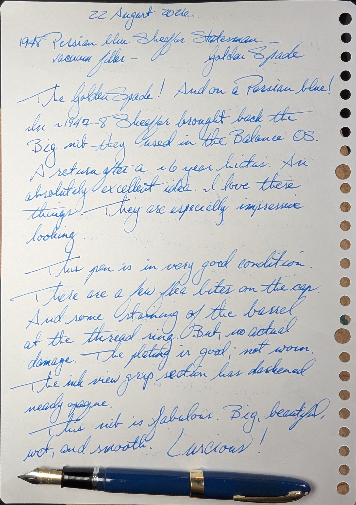 1948 Persian Blue Sheaffer Statesman - Vacuum-Fil - Fine Golden Spade nib